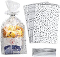 100 Pcs Star Printed 8"X 12" Gift Wrap Cello Cellophane Treat Bags Party Favor bags Clear Candy Cookie Bags Plastic Poly Goodie Storage Bags with Twist Ties for Bakery,Birthday, Wedding ,Party Decorations (Silver) by COQOFA