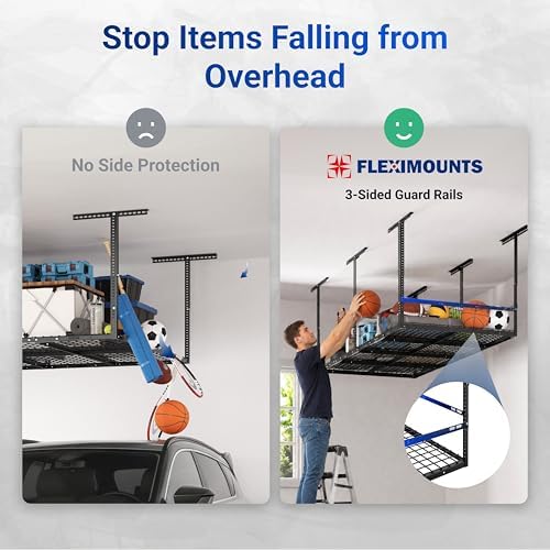 FLEXIMOUNTS 4x8 Overhead Garage Storage Rack with Safety Rails, Hammertone - Image 3