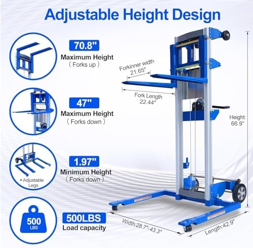 Material Lift Winch Stacker, 1.97"-70" Height Range, 500 lbs Capacity, 42.90"L x 43.30"W, Adjustable Straddle Hand Winch Lift Trucks for Warehouse, Factory - Image 2