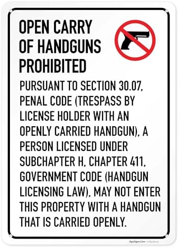 No Open Carry of Handgun Prohibited Texas §3007 Sign, by SigoSigns