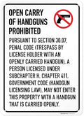 No Open Carry of Handgun Prohibited Texas §3007 Sign, by SigoSigns