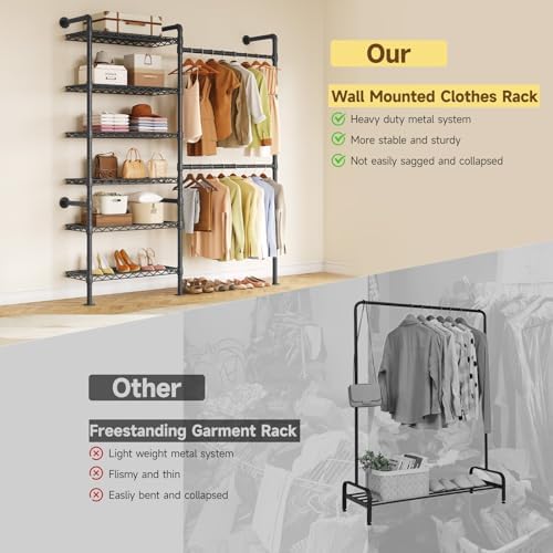 ONBRILL H2 Wall Mounted Clothing Rack, Expandable Industrial Pipe Clothes Rack Garment Racks for Hanging Clothes, Heavy Duty Closet Organizers and Storage in Closet System, Black - Image 4