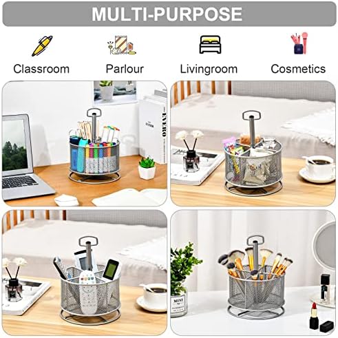 Marbrasse Mesh Desk Organizer, 360-Degree Rotating Multi-Functional Pen Holder, 4 Compartments Desktop Stationary Organizer, Home Office Art Supply Storage Box Caddy (silver) - Image 3