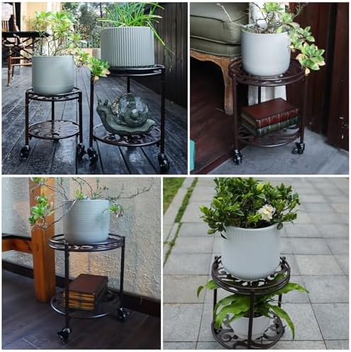 2 Tier Heavy Duty Rolling Plant Stand, 2 Pack Coffee - Image 7