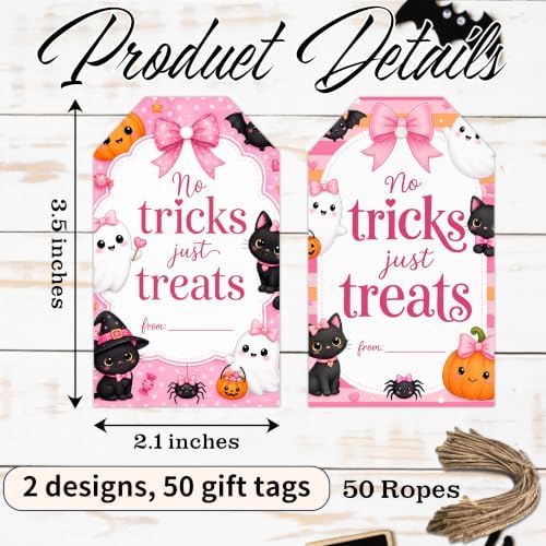 Halloween Pink Gift Tags with String, 50PCS Hanging Tags for Gift Wrapping, Halloween Thank You Labels for Friendsgiving, Party Favors, Bakery Packaging, DIY Crafts - A04 - Image 2