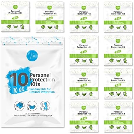 Personal Protection Kits – Mini 3 Item 10 PACK | Convenience on the Go | Individually wrapped pack for travelling | PPE Kit | Plastic Gloves, Hand Cleansing Wipes, Disposable Face Mask (Green) by KitUSafe