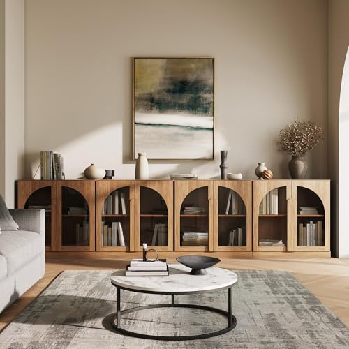 BELLEZE 2 Tier Bookshelf with Arched Glass Door, Set of 4 Modern Display Bookcase Shelf with Storage and Adjustable Shelves, 126" Wood Bookshelves for Living Room Office Entryway (Camel) by BELLEZE