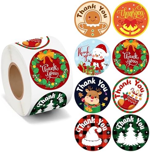 500Pcs Christmas Thank You Stickers Roll Colorful Snowman Xmas Tree Self-Adhesive Label Tag Winter Holiday DIY Crafts for Small Business Envelopes Seals Gifts Box Wrapping Goodie Bags Cards Decoration by Kirako