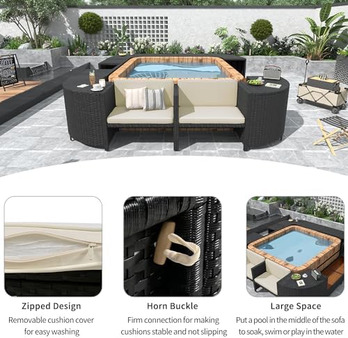 Outdoor Spa Surround Sofa Set Rattan Sectional Hot Tub Frame with Cushioned & Wooden Seats, Storage Cabinets & Table Surfaces for 74" Portable Spa, All-Weather Quadrilateral Hot Tub Surround, Beige - Image 4
