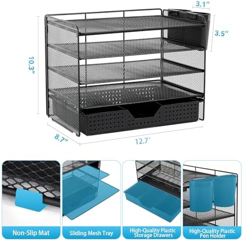 LEKETREE Desk Organizer and Accessories, 5-Tier Paper Letter Tray Organizer with Drawer & 2 Pen Holders for Desktop File Organization, Office Desk Accessories for Supplies Storage (Black) - Image 2