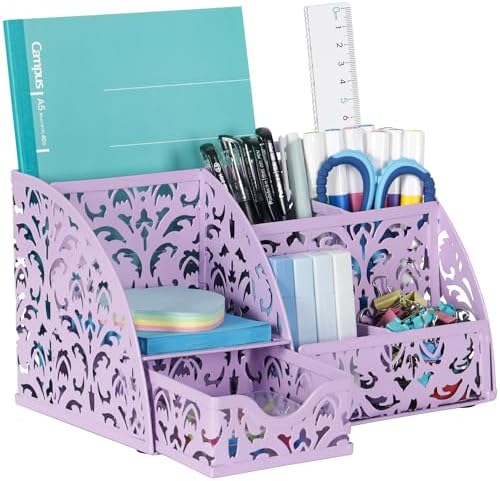 EasyPAG Pen Holder Desk Organizer with Drawer Pencil Cup for Desk 6 Compartments Metal Office Caddy Storage with Sticky Notes Holder for School Home Office, Purple by EasyPAG