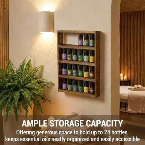 MyGift Dark Wood Essential Oil Holder Rack, 24 Bottle Wall Display Shelf - Image 4