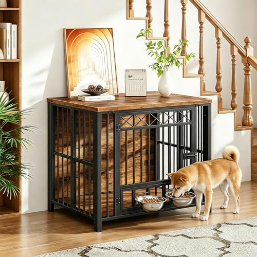HOOBRO Foldable Dog Crate Furniture with 360° Rotating Double Bowls, Dog Crate End Table, Foldable for Travel, Holds 110 lb, for Small to Medium Dogs, Rustic Brown and Black BF61GW03 - Image 5