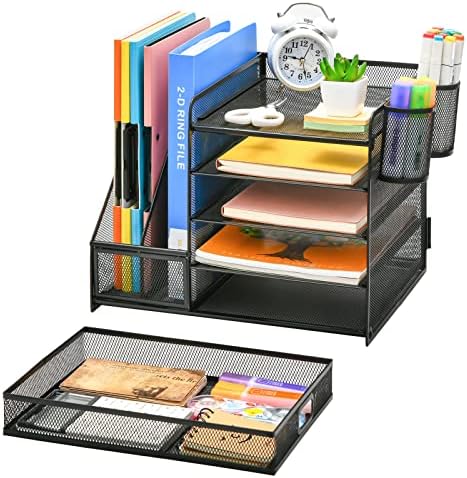 Marbrasse Desk Organizer with File Holder, 5-Tier Paper Letter Tray Organizer with Drawer and 2 Pen Holder, Mesh Desktop Organizer and Storage with Magazine Holder for Office Supplies(Black) - Image 2