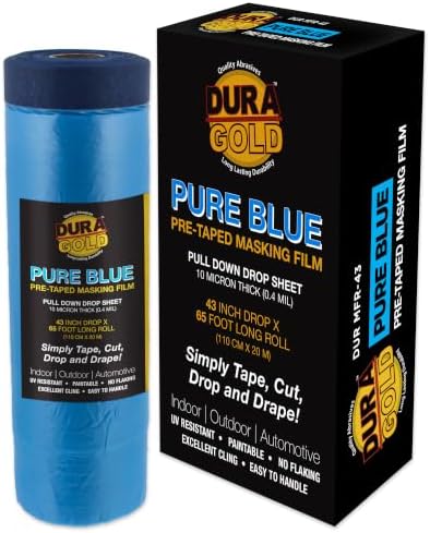 Dura-Gold 43" x 65' Pure Blue Pre-Taped Masking Film - Painters Plastic Roll (0.4 Mil) Pull Down Drop Sheet, Pre-Taped Plastic Sheeting for Painting Protection on Auto, Walls, Furniture by Dura-Gold