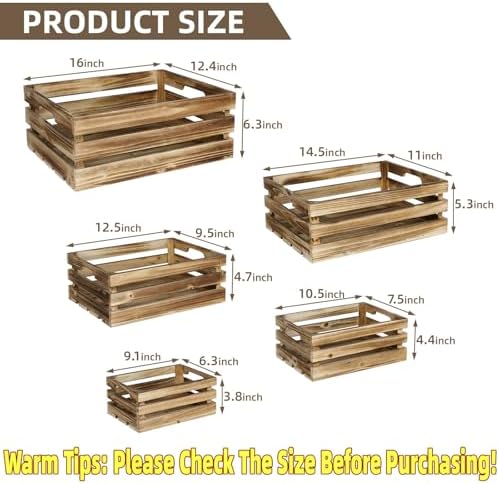 Set of 5 Large Wooden Crates, Nesting Storage Crate with Handles, Rustic Torched Brown Farmhouse Wooden Crates for Display, Wedding Birthday Home Party Living Room Kitchen Decoration - Image 2