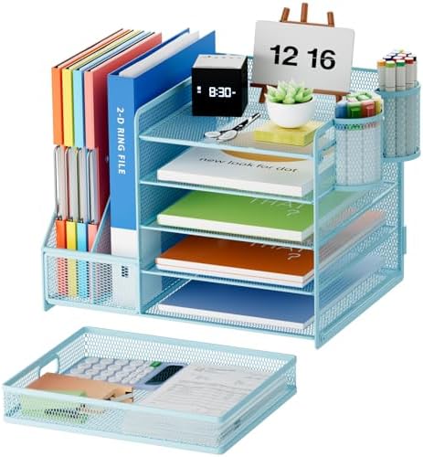 Marbrasse Desk Organizer with File Holder, 5-Tier Paper Letter Tray Organizer with Drawer and 2 Pen Holder, Mesh Desktop Organizer and Storage with Magazine Holder for Office Supplies(Blue) - Image 2