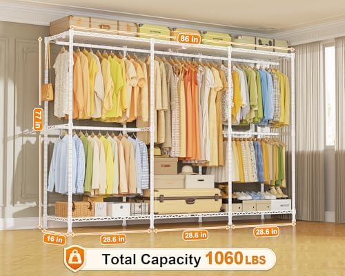 ULIFHOME E14 Max Heavy Duty Clothes Rack，Freestanding Clothing Racks for Hanging Clothes，Adjustable Closet Organizers and Storage，Metal Garment Rack with Shelves 86"W × 16"D × 77"H，Load 1060LBS，White - Image 2