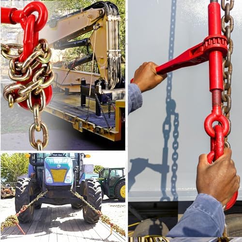 2Pcs Chain and Binder Kit, 5/16"-3/8" Ratchet Load Binders 9200 lbs Load Limit, 5/16 in ×10 ft Chains, Load Transport Binder Chain with Grappling Hook,for Industrial, Agricultural, Logging - Image 2