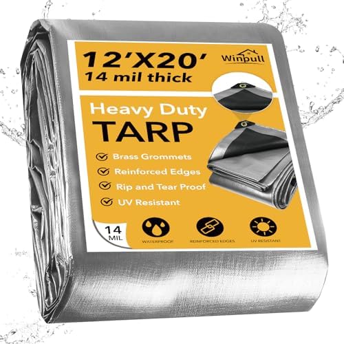 Winpull Heavy Duty Tarp 14 Mil Tarp Waterproof Silver 12x20 FT, UV Resistant Poly Tarp with Reinforced Grommets for Camping, Boat Cover, Patio Furniture, Roof, Firewood Pile by Winpull