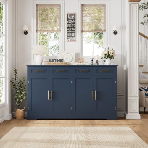 HOSTACK Sideboard Buffet Cabinet with Storage, Kitchen Cabinet, Blue/Gold - Image 4