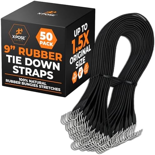 Rubber Bungee Cords with Hooks 50 Pack 9 Inch (14” Max Stretch) Heavy-Duty Black Tie Down Straps for Outdoor, Tarp Covers, Canvas Canopies, Motorcycle, and Cargo - by Xpose Safety by XposeSafety