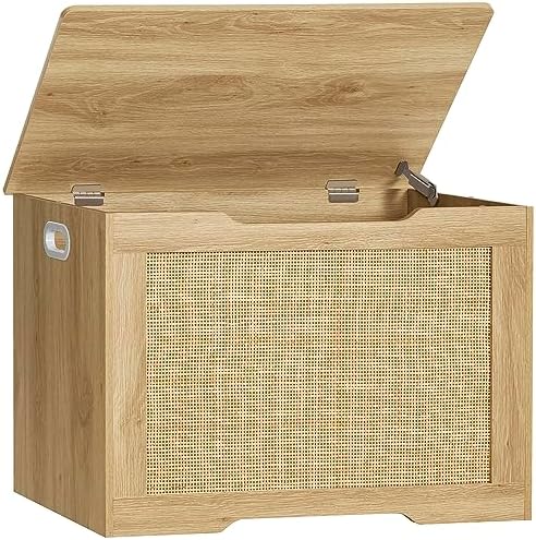 usikey 29.5” Storage Chest, Storage Bench with Storage, Toy Box with 2 Safety Hinges, Toy Chest for Bedroom, Shoe Bench, Supports 220 lb, for Living Room, Entryway, Natural by USIKEY
