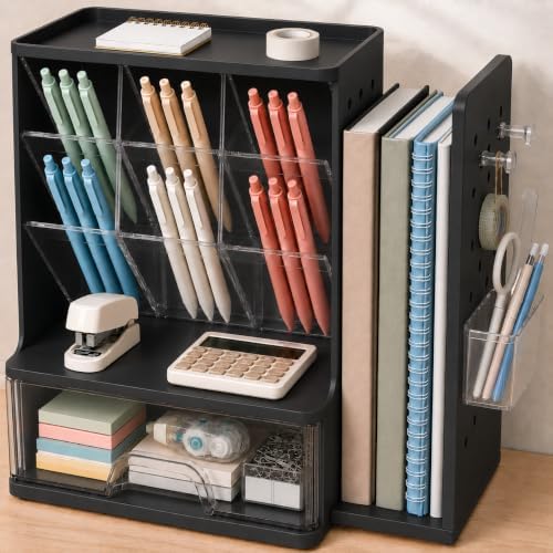 Sooez Desk Organizer with Bookends, Pegboard & Drawer, Pen & Pencil Holder by Sooez