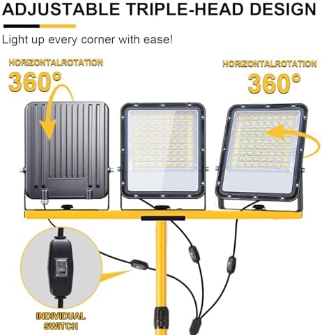 50000Lumen LED Work Lights with Stand - 3 Head Portable Work Light with IP65 Waterproof, Adjustable Stand, 16ft Cord for Construction Sites, Garage, Warehouse Lighting - Indoor Outdoor - Image 3