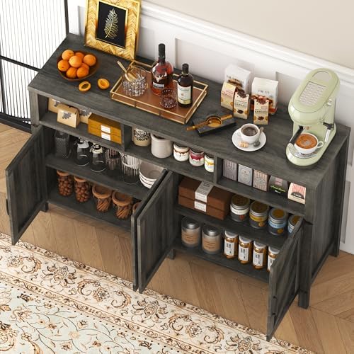 knoworld Buffet Sideboard with Storage Farmhouse, Large Kitchen Storage Cabinet Wood Coffee Bar Cabine Buffet for Kitchen, Living Room, 55in, Grey - Image 4