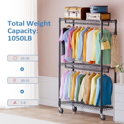 IZEUK Heavy Duty Rolling Garment Rack Wire Clothes Rack for Hanging Clothes (Black, 3 Tier with 2 Rod, 15.7" D x 45.3" W x 79.6" H) - Image 6