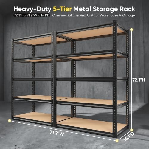REIBII Garage Shelving, 5-Tier Storage Shelves Load 2410LBS, Adjustable Storage Rack for Garage, Pantry, Closet, Steel Frame, 35.6" W x 72.1" H x 16.1" D, Black, 2PC - Image 3