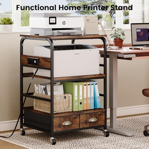 Extra Large Printer Stand with 2 Farbic Drawer, 3 Tier Printer Table with 4-Adjustable Heights, Rolling Printer Cart with Storage for Printer Scanner Fax Home Office Use, Rustic Black and Brown - Image 4