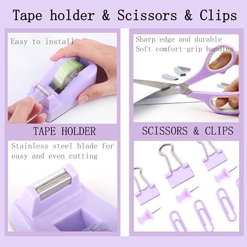 Dimonluce Purple Desk Accessories, Purple Office Supplies Accessories with Tape Dispenser, Stapler, Staple Remover, 1000 Staples, Tape, Clips Set, Ruler, Scissor, Pen - Image 3