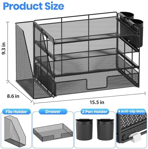 OPNICE Desk Organizer, 4-Tier Desktop File Organizer with Drawer and Pen Holders, Office Desk Accessories, File Sorters, Workspace Organizers for Office Supplies(Black 2-Pack) - Image 6