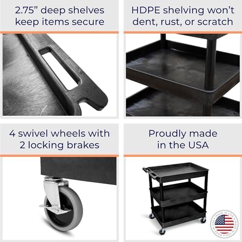 Stand Steady Tubstr Large 3 Shelf Utility Cart | Heavy Duty, Black HDPE & PVC, Holds Up to 300 lbs. | Storage & Rolling Tool Cart for School, Office, Garage & Warehouse - Image 2