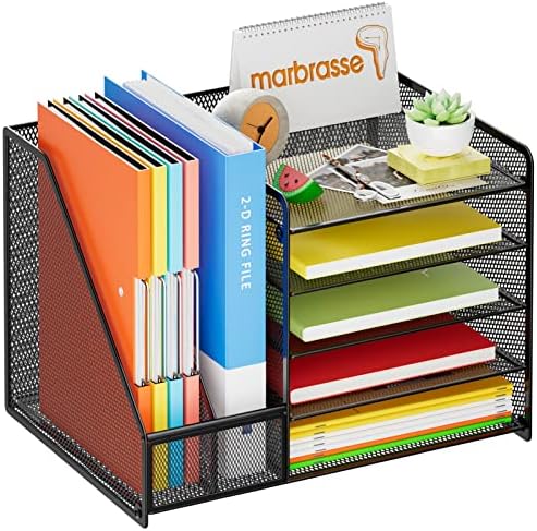 Marbrasse Desk Organizer with File Holder, 5-Tier Paper Letter Tray Organizer, Mesh Desk Organizers and Accessories with Magazine Holder, Desktop Storage for Office Supplies (Black) - Image 2