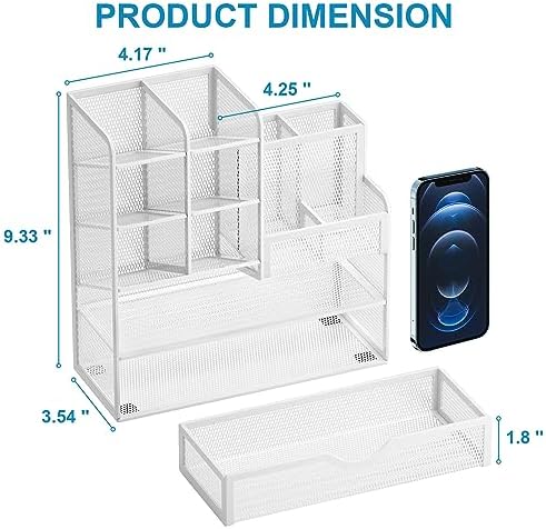 Marbrasse Mesh Pen Holder for Desk, Multi-Functional Pencil Organizer with Drawer, Desk Organizers and Accessories for Office Art Supplies (White) - Image 4