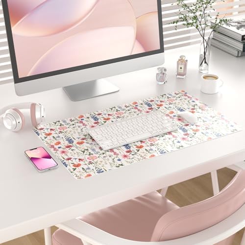 Colorful Star Large Mouse Pad, Watercolor Floral Desk Mat Office Supplies, Waterproof Faux Leather Big Gaming Mousepad for Women Girls, Flowers Desk Pad Home Office Décor Accessories 23.6" x 13.8" - Image 2