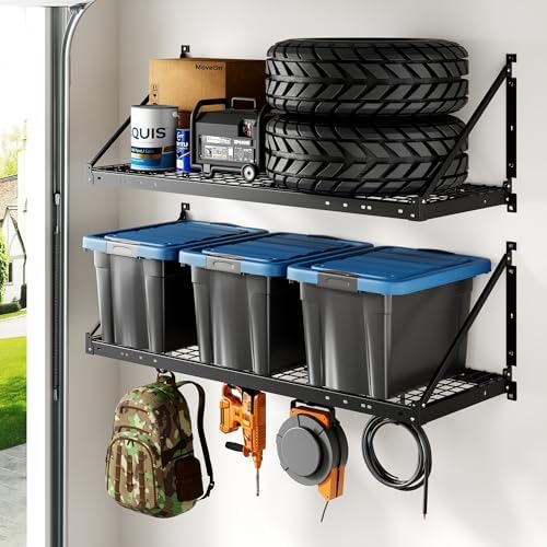 FLEXIMOUNTS 2-Pack 2x4 ft Garage Wall Shelving with 4 Hooks, Black by FLEXIMOUNTS