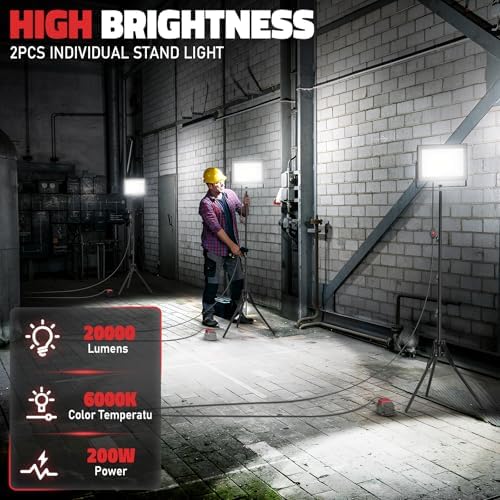 LIVOWALNY 200W LED Work Lights with Stand Compatible with Milwaukee Battery, 2PCS 20000LM Portable Tower Light IP66 Waterproof with 13FT Cord, Foldable Tripod Floodlight Garage Job Site(Tool Only) - Image 2
