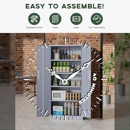 Greenvelly Metal Garage Storage Cabinet, 72” Tall Locking Steel Cabinet with 2 Doors and 4 Adjustable Shelves, Utility Metal Filing Cabinet with Lock for Home, Office, Garage, School (Dark Grey) - Image 6
