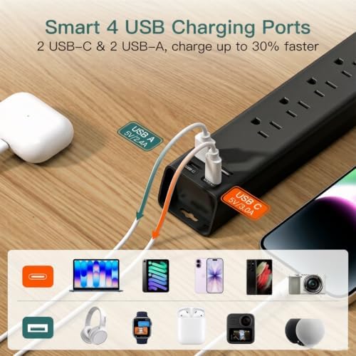 Power Strip Surge Protector with 6 AC Outlets 4 USB Ports (2 USB-C), - Image 3