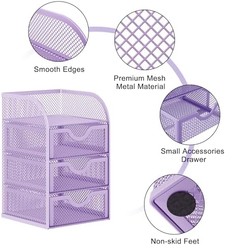 EasyPAG Mesh Desk Organizer with 3 Drawer Office Desktop Organizers and Accessories Stationery Caddy for Office, Home, Students, Purple - Image 3