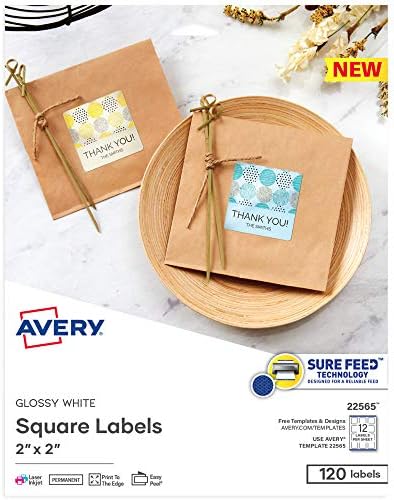 Avery Printable Blank Square Labels, 2" x 2", Glossy White, 120 Customizable Labels (22565) by Avery