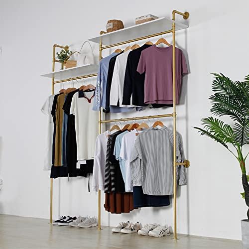 Industrial Pipe Clothing Rack Wall Mounted, Heavy Duty Hanging Clothes Rack Clothing Store Display Stands Garment Rack Closet System, 2 Tier Wood Garment Rack (Gold, 96.5x80.7inch) - Image 5