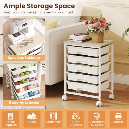 Giantex 5 Drawers Rolling Cart with Wheels, Wood Top, Sturdy Frame - Image 7
