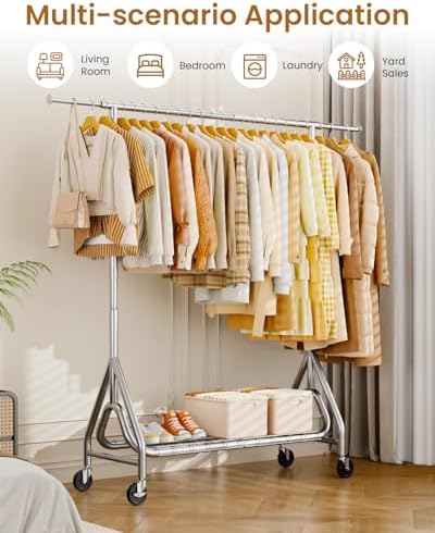Heavy Duty Garment Rack, Metal Clothes Rack Load 450 LBS, Rolling Clothing Racks for Hanging Clothes with Lockable Wheels, Wardrobe Closet Coat Racks for Bedroom, Silver - Image 2