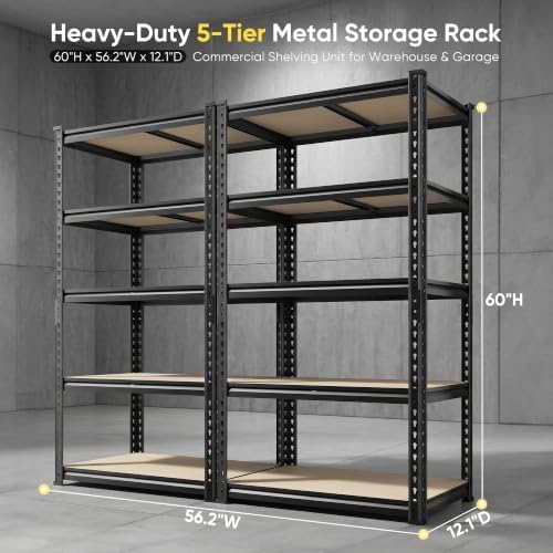 REIBII Garage Shelving, 5-Tier Storage Shelves Load 2025LBS, Adjustable Storage Rack for Garage, Pantry, Closet, Steel Frame, 28.1" W x 60" H x 12.1" D, Black, 2PC - Image 3