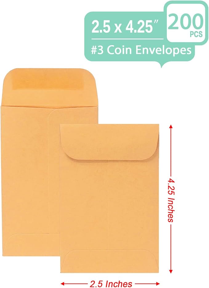 200PCS #3 Coin Envelopes 2.5x4.25 inches Brown Kraft Envelopes Classic Small - Image 3